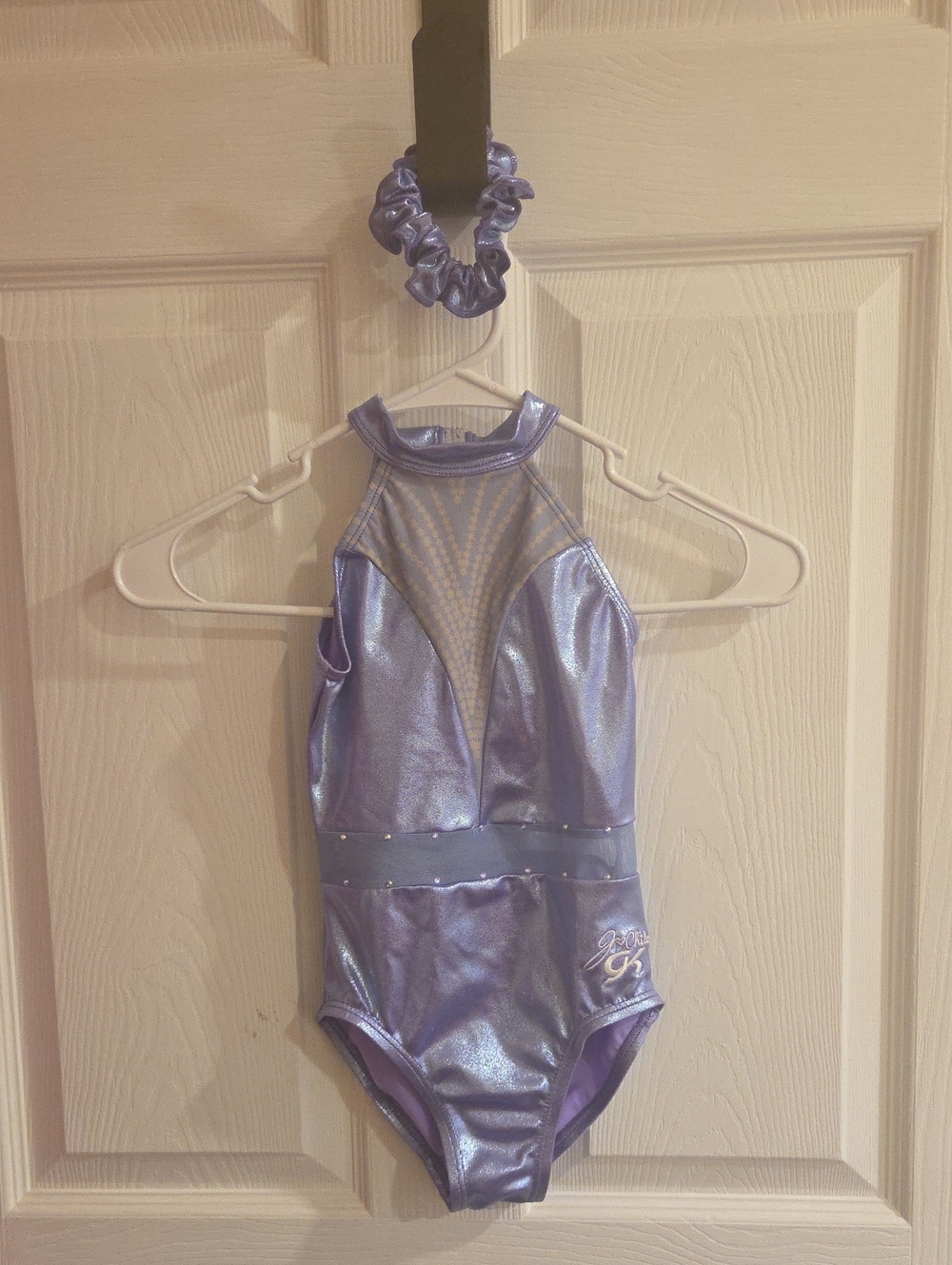 GK Metallic Purple High-Neck Gymnastics  Dance Leotard with Scrunchie